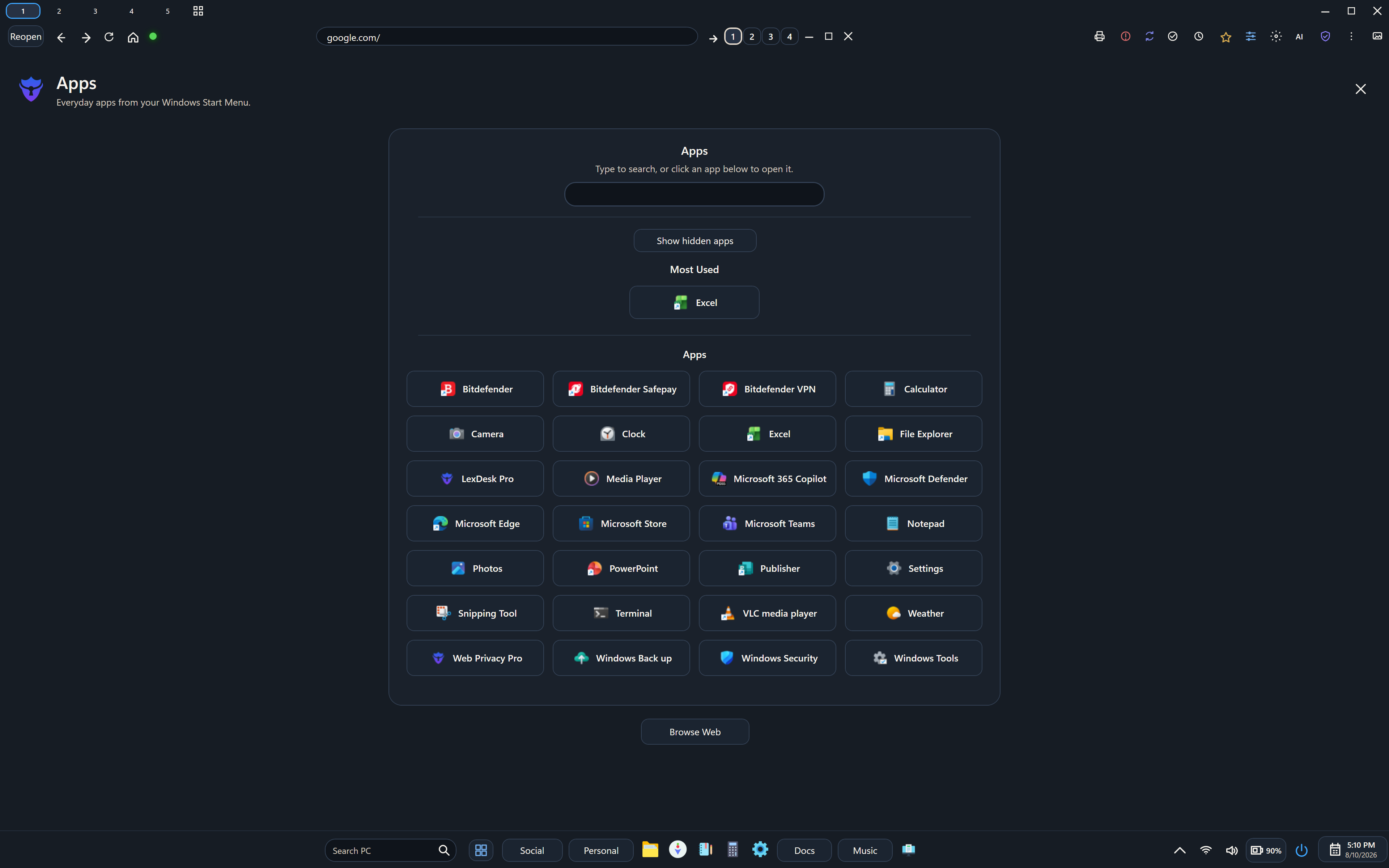 LexDesk Pro Apps view in dark theme showing curated installed applications