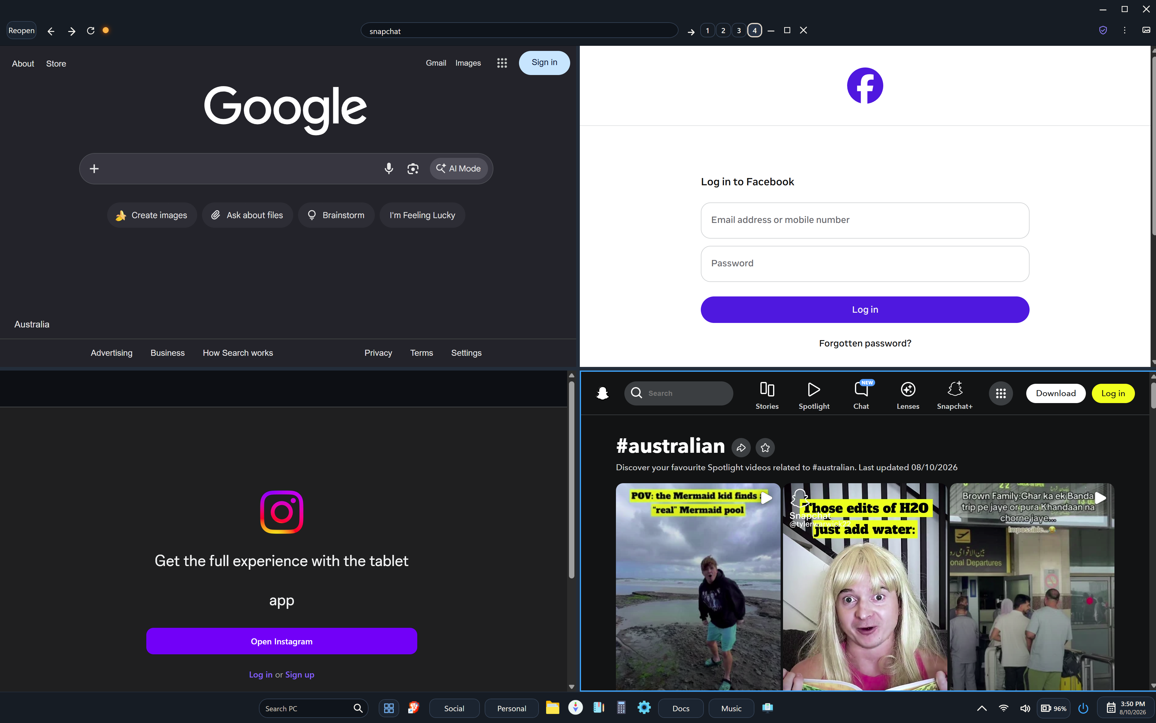 LexDesk Pro dark theme showing four Web Pages together