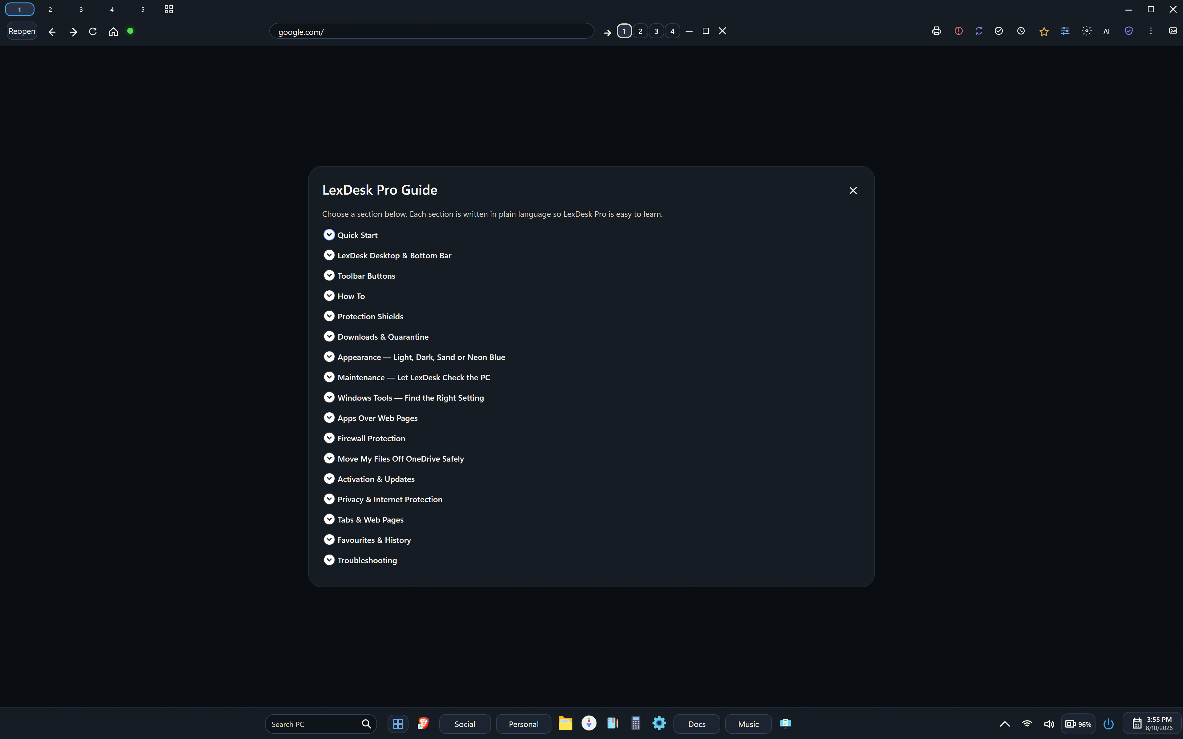 LexDesk Pro built-in guide in dark theme with expandable help sections