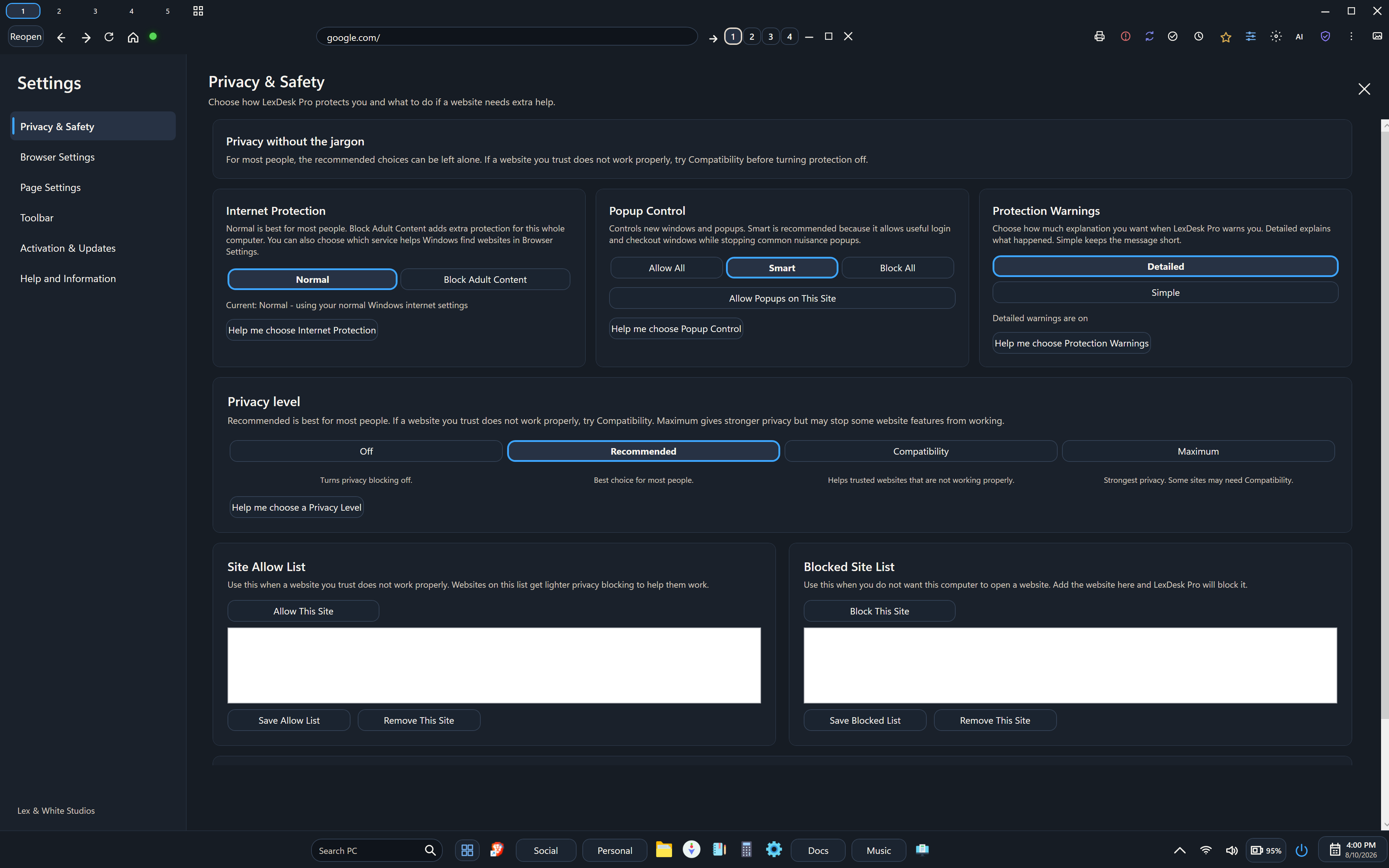 LexDesk Pro Privacy and Safety settings in dark theme