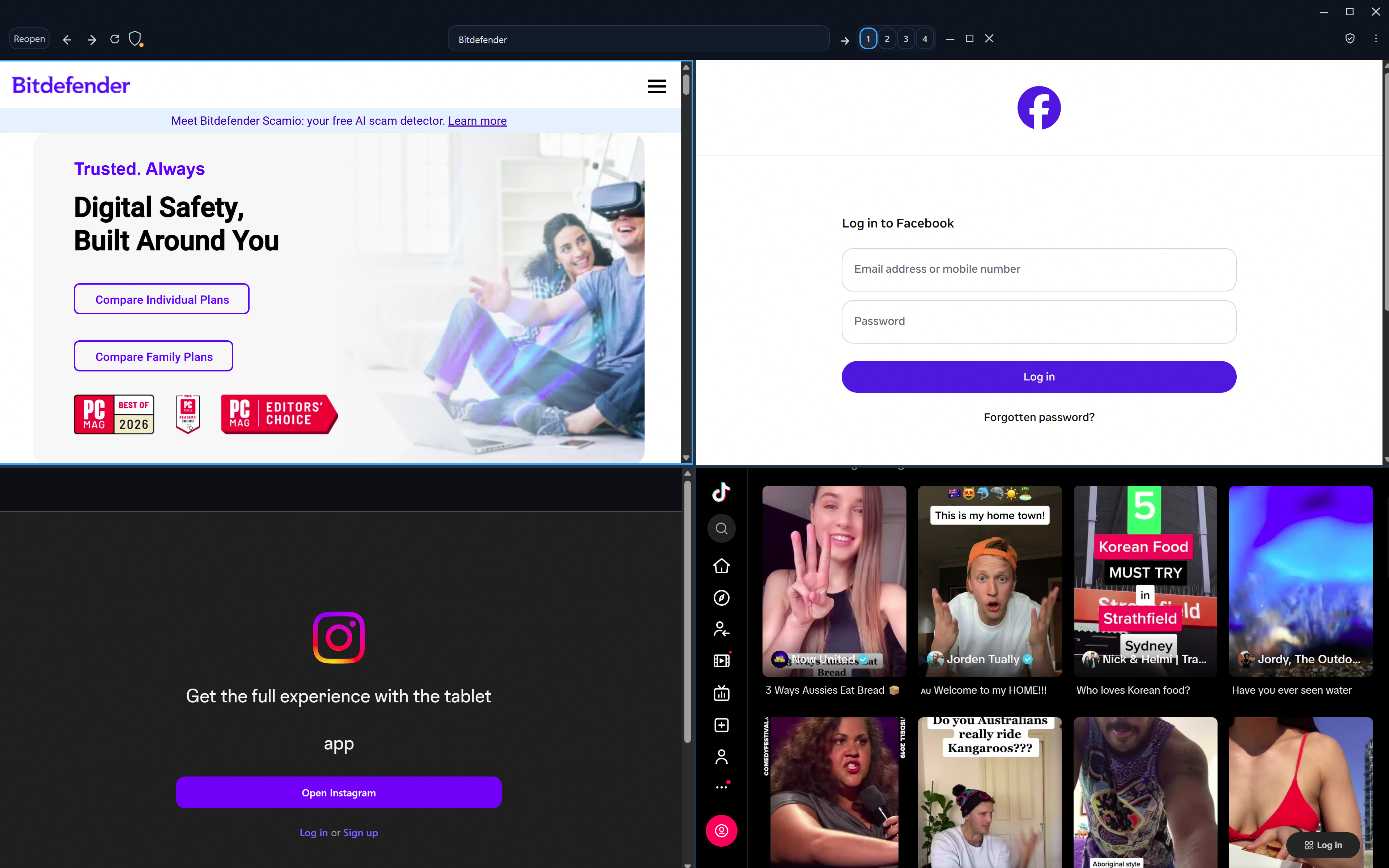 Web Privacy Pro dark theme showing four websites together