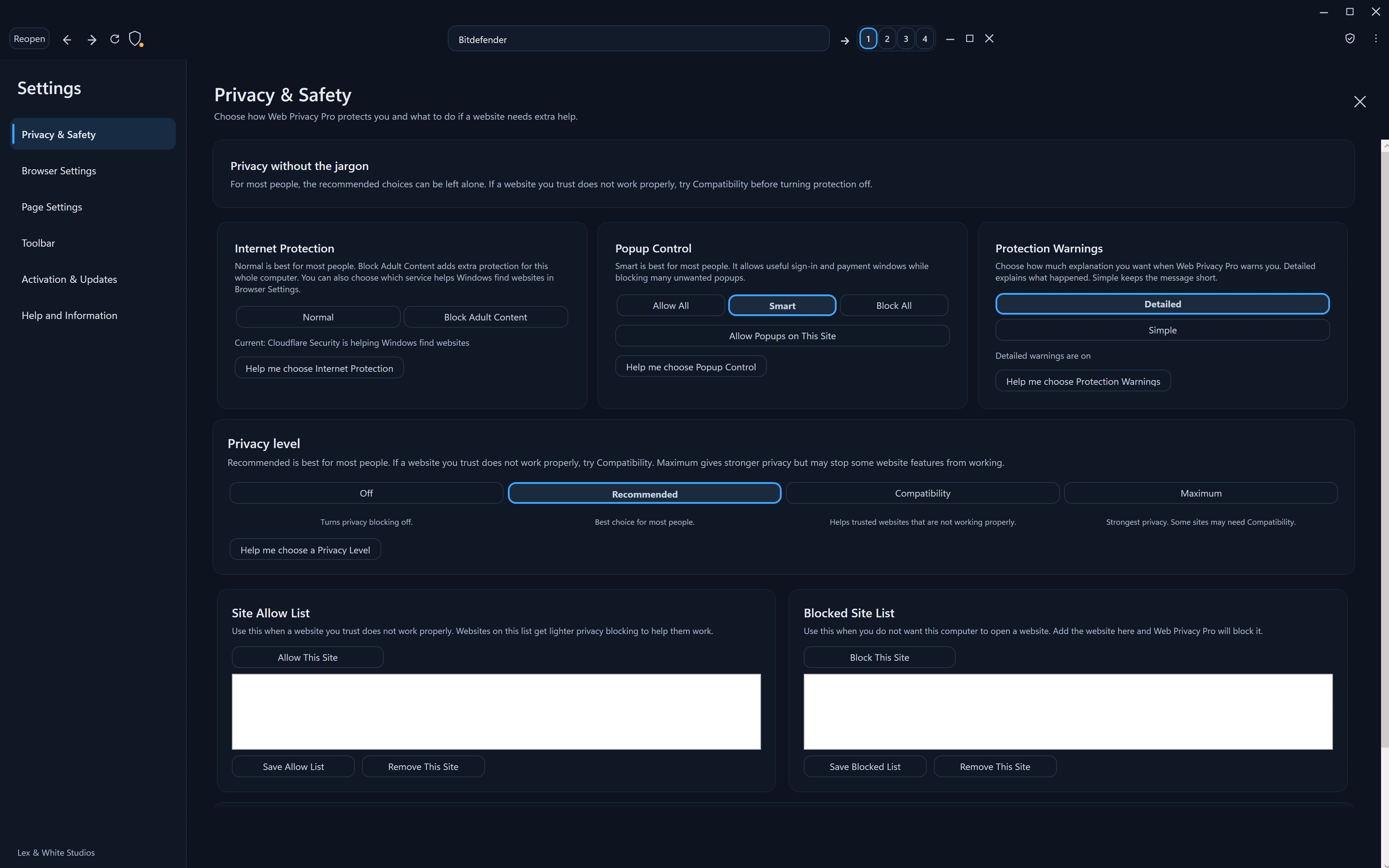 Web Privacy Pro Privacy and Safety settings in dark theme